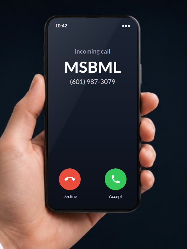 A phone showing an incoming call from MSBML, (601) 987-3079.